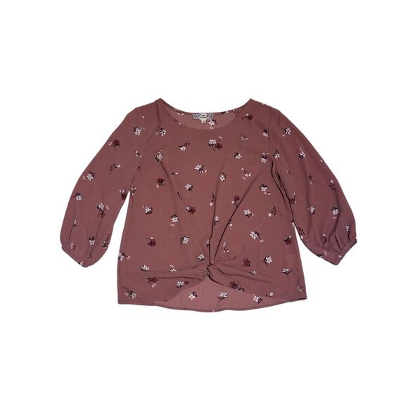 Pink Republic Knotted Hem Top Size S Round Neckline Floral Print 3/4 Sleeves - Picture 2 of 10